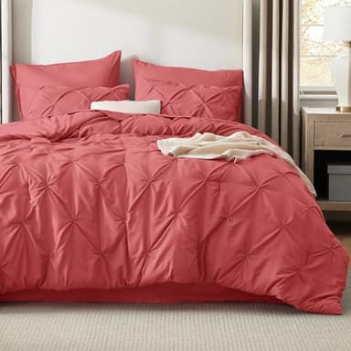 Bedsure King Size Comforter Set Coral Red - Bed in a Bag King Size 7 Pieces, GentleSoft™ Pintuck Bed Set Gift for Family, Pinch Pleat Coral Red Comforter with Sheets, Pillowcases & Shams - Image 2