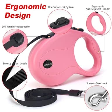 enrgticdg 16Ft Retractable Dog Leash,Light Weight Leash for Small to Medium Dogs/Cats Up to 50lbs,Stainless Steel Spring Strong Nylon Tape, Tangle Free, One-Handed Brake.(Pink) - Image 4