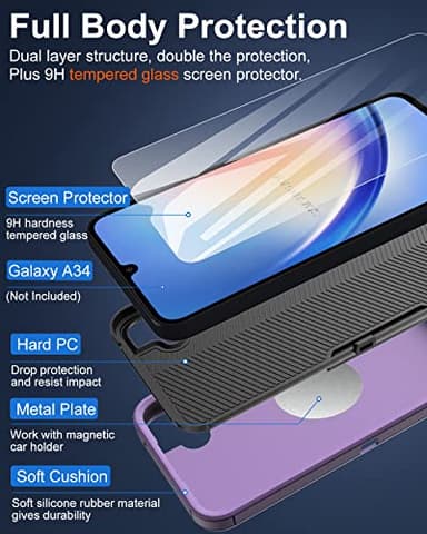 Dahkoiz for Samsung Galaxy A34 Case, with Tempered Glass Screen Protector, Dust-Proof Port Cover, Support Magnetic Car Mount, Full Body Protection Rubber Phone Case for Galaxy A34 5G, Black/Purple - Image 3