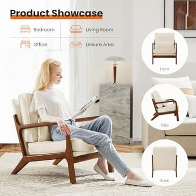 Sweetcrispy Accent Mid Century Modern Chair with Pillow, Upholstered Lounge Armchair, Linen Fabric Comfy Reading Chair with Wood Frame for Living Room, Bedroom, 1 Set, Beige - Image 5
