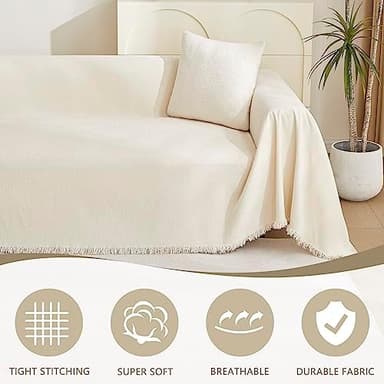 MYSKY HOME Couch Cover 3 Cushion Sofa with Tassel, Chenille Sofa Covers Couch Covers, Slipcovers for Sectional l Shaped Dogs Protector Furniture Covers, 91" X150", Beige - Image 4