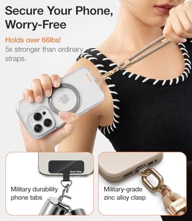 TORRAS Phone Lanyard Crossbody with 2 Phone Tabs, Adjustable Anti Theft Phone Strap for iPhone 17 Pro Max, Premium Metal Buckles, Universal Cell Phone Neck lanyard for Women and Men, Khaki - Image 4