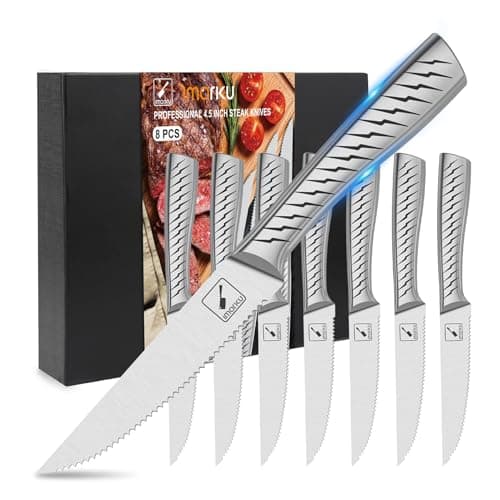 imarku Serrated Steak Knife Set, 8 Pieces with Lightning Bolt Handles - Premium High Carbon Stainless Steel Steak Knives Set for Kitchen, Dishwasher Safe - Image 1