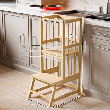 Toddler Tower, Kids Kitchen Step Stool with Safety Rails, Toddler Standing Tower Adjustable Height, Wooden Kitchen Stool for Kids, for Living Room Countertops and Bathroom Sinks(Natural) - Image 2
