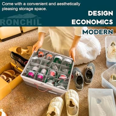 RONCHIL Shoe Organizer for Closet, Foldable Shoe Storage Bins with Clear Cover, Space Saving Shoes Holder with 4 Handles, Large Adjustable Shoe Box Storage Containers, Fits 8-16 Pairs, 2 Pack, Beige - Image 6