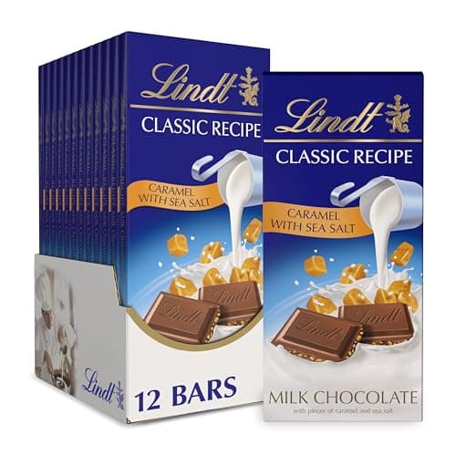 Lindt CLASSIC RECIPE Caramel with Sea Salt Milk Chocolate Bar, Milk Chocolate Candy with Pieces of Caramel and Sea Salt, 4.4 oz. (12 Pack) - Image 1