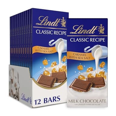Lindt CLASSIC RECIPE Caramel with Sea Salt Milk Chocolate Bar, Milk Chocolate Candy with Pieces of Caramel and Sea Salt, 4.4 oz. (12 Pack) - Image 1