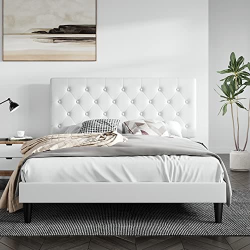 SHA CERLIN Full Size Bed Frame with Button Tufted Headboard, Faux Leather Upholstered Mattress Foundation, Platform Bed Frame, Wooden Slat Support, No Box Spring Needed, White - Image 1