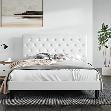 SHA CERLIN Full Size Bed Frame with Button Tufted Headboard, Faux Leather Upholstered Mattress Foundation, Platform Bed Frame, Wooden Slat Support, No Box Spring Needed, White - Image 1