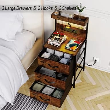 SZLHANJZ Nightstands Set of 2, End Table with LED Light and Charging Station Type C, 3 Drawers Storage Dresser Night Stand with Hooks, Tall Bed Side Table for Bedroom Dorm, Rustic Brown - Image 9