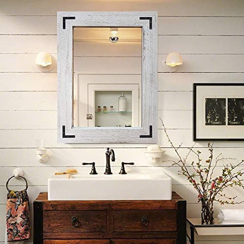 YOSHOOT Rustic Wooden Framed Wall Mirror, Natural Wood Bathroom Vanity Mirror for Farmhouse Decor, Vertical or Horizontal Hanging, 32" x 24",White Grey - Image 1