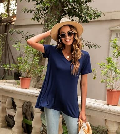 POPYOUNG Women's Plus Size Long Tunic Tops to Wear with Leggings Summer Short Sleeve Loose Fit Dressy Shirts M-5XL 5XL, Stripe Red - Image 7