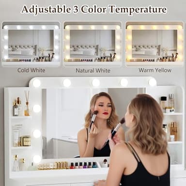 ALEXNUTRE Makeup Vanity Desk with Lights, 45.5" Large Vanity with Mirror and Lights in 3 Models, Vanity with Power Outlet, Vanity Desk with 5 Drawers, 2 Cabinets, Shelves for Bedroom, White - Image 3