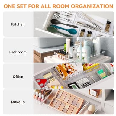 6 Pack Large Clear Plastic Drawer Organizer Trays, Acrylic Kitchen Drawer Organization and Storage Dividers, Non-Slip Storage Bins for Makeup, Kitchen Utensils, Bathroom, Jewelries and Office Desk - Image 3