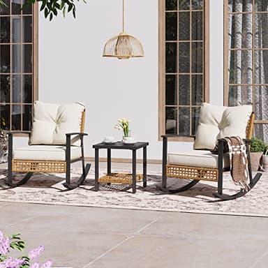 LAUSAINT HOME 3-Piece Rocking Bistro Set, Outdoor Patio Furniture with Thick Cushions and 2-Tier Coffee Table, Oversize Rattan Conversation Set for Garden, Balcony, Backyard (Beige) - Image 7