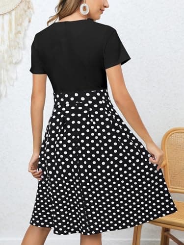 YATHON Women's Vintage Fit and Flare Cocktail Dresses Retro Black White Polka Dot Print Summer Aline Casual Work Swing Dress with Pockets (L, YT018-Black Dot) - Image 2