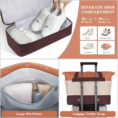 ETRONIK Gym Bag for Women, Travel Duffel Bag with USB Charging Port, Weekender Overnight Bag with Wet Pocket and Shoes Compartment for Women, Travel, Gym, Yoga (Brown/Khaki/Orange) - Image 5