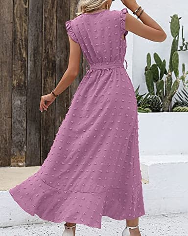 BTFBM Women V Neck Summer Dress 2025 Cap Sleeve Swiss Dot Boho Flowy Ruffle Slit Beach Party Long Maxi Cocktail Dresses(Purple, Small) - Image 4