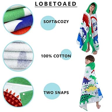 LOBETOAED Kids Hooded Beach Bath Towel, Baby Surf Poncho Toddlers Soft Real Cotton Wrap Changing Robe for Boy Girl Shower/Beach/Pool Child Cover ups 50"x30" Large Towel Wrap, Dinosaur Pattern - Image 3