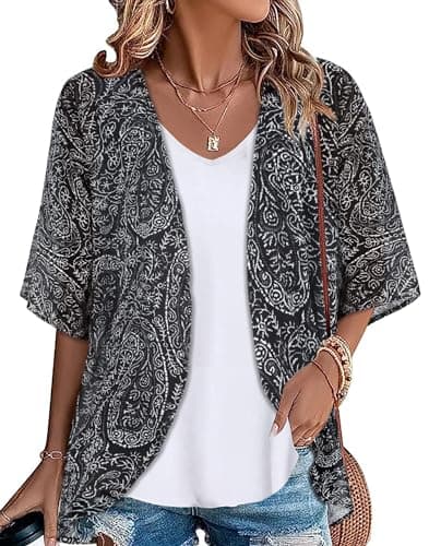 Women's Kimono Beach Coverups Sheer Chiffon Cardigan Casual Loose Open Front Blouse Tops Hawaiian Shirts(Boho Black, L) - Image 1
