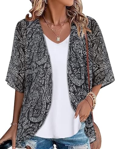 Women's Kimono Beach Coverups Sheer Chiffon Cardigan Casual Loose Open Front Blouse Tops Hawaiian Shirts(Boho Black, L) - Image 1