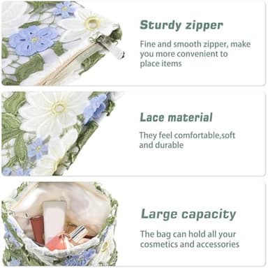 URSKYTOUS Flower Makeup Bags Travel Large Floral Cosmetic Bag for Women Cute Makeup Pouch Zippered Portable Toiletry Bag Lace Trendy Aesthetic Make up Organizer Bag Cosmetic Pouch for Purse - Image 3
