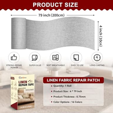 Linen Repair Tape 4x79 inch, Self Adhesive Fabric Patches, Linen Patch Tape Kit, Fabric Repair Tape for Couch Sofas, Headboards, Chairs, Pillows, Curtains, Couches- Light Grey - Image 2