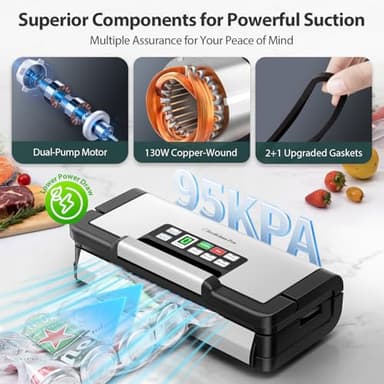 95kPa Vacuum Sealer Machine with AquaLock Technology, for Moist Seals, 2X Seal & 130W, Fully Automatic Food Sealer, Built-In Cutter, Bag Storage & Hose, Precision Sealing, 2 Bag Rolls,Stainless Steel - Image 3