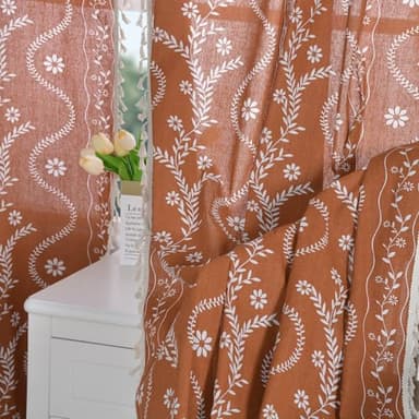 Terracotta Boho Linen Curtains with Tassels 84 Inch Length for Living Room, Floral Semi Sheer Curtains 2 Panels, Vintage Rustic Farmhouse Light Filtering Drapes, Burnt Orange - Image 7
