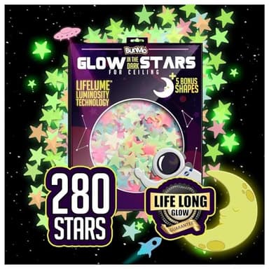 BUNMO 280pcs Glow in The Dark Stars for Ceiling - Safe Glow in Dark Stickers for Walls & Ceilings - Longlasting Glow in Dark Stars for Ceiling - Glow in The Dark Ceilings Stars - Strong Glow - Image 1