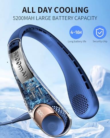 Neck Fan, Personal Fan with LED Indicator, USB-C Charging, Long-Lasting 5200mAh Battery, Hands Free Bladeless Fan with 3 Adjustable Speeds & Ultra-Quiet, Ideal for Home, Travel & Outdoor - Image 4