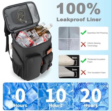 Insulated Cooler Backpack,Bagparkk 33 Cans Multifunctional Double Deck Leakproof Cooler Bag with Sternum Strap,Large Capacity Lightweight Travel Camping Beach Backpack Cooler Ice Chest for Men Women - Image 3