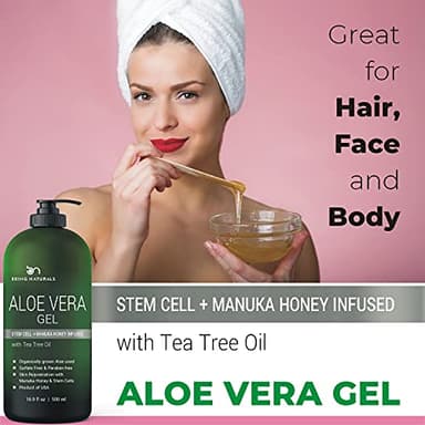 Aloe vera Gel - from 100% Pure Organic Aloe Infused with Manuka Honey, Stem Cell, Tea Tree Oil - Natural Raw Moisturizer for Face, Body, Hair. Perfect for Sunburn, Acne, Razor Bumps 16.9 fl oz - Image 6