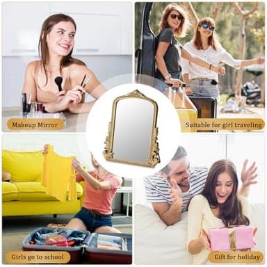 Vintage Makeup Mirror, Vanity Desk Mirror Antique Traditional Tabletop Mirror, Standing, Hang or Wall Mounted, Adjustable Dress-up Mirror, Gold Decor Mirror for Living Room,Bedroom (gold, 12*9.8 in) - Image 7