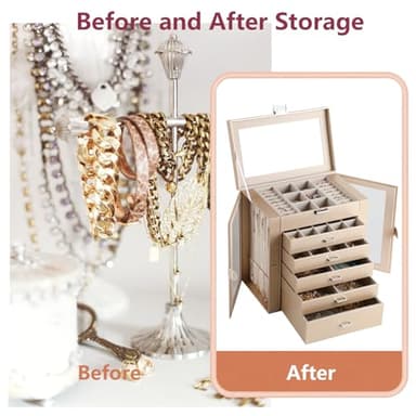 CIIGIO 6 Layer Large Jewelry Boxes With Mirror，Multifunctional 5 Drawers Jewelry Box Organizer with 2 Glass Door for Necklace Organizing (Champagne) - Image 7