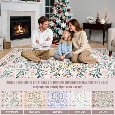 Area Rugs 9x12 Living Room: Floral Washable Rug Vintage Large Soft Boho Non-Slip Carpet Indoor Stain Resistant Low Pile Carpets for Bedroom Dining Room Farmhouse Nursery Hallway Home Office Pink Green - Image 8