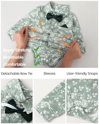 YALLET Baby Boy Clothes Suit, Infant Gentleman Outfits Printed Dress Shirt+Bowtie+Beret Hat+Detachable Suspender Pants 0-18M - Image 3