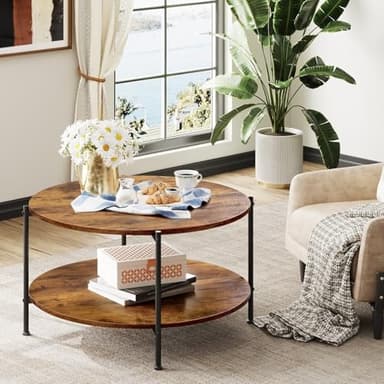 WLIVE Round Coffee Table, 32.6" Small Coffee Table with Storage Shelf, 2-Tier Circle Wood Center Table for Living Room, Apartment, Rustic Brown - Image 5