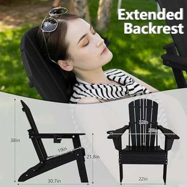 Plawdlik Folding Adirondack Chair, SGS Tested, Wooden Textured with Cup Holder, Heavy All-Weather HDPE Comfortable Set Poolside Backyard Lawn Black - Image 3