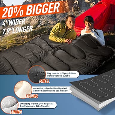MEREZA Double Sleeping Bag for Adults Mens with Pillow, XL Queen Size Two Person Sleeping Bag for All Season Camping Hiking Backpacking for Cold Weather & Warm Black - Image 3