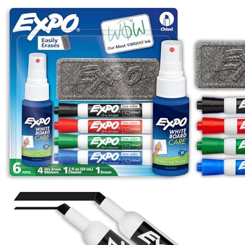 EXPO Low Odor Dry Erase Marker Set with White Board Eraser and Cleaner Chisel Tip Dry Erase Markers Assorted Colors 6 Piece Set with Whiteboard Cleaner - Image 1