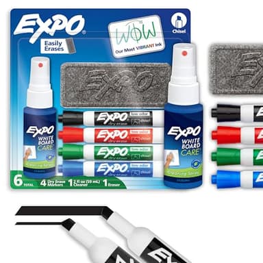 EXPO Low Odor Dry Erase Marker Set with White Board Eraser and Cleaner Chisel Tip Dry Erase Markers Assorted Colors 6 Piece Set with Whiteboard Cleaner - Image 1