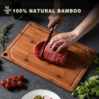 Hiware Wood Cutting Boards for Kitchen, Heavy Duty Bamboo Cutting Board with Juice Groove, Bamboo Chopping Board Set for Meat, Vegetables - 18" x 12" - Image 3