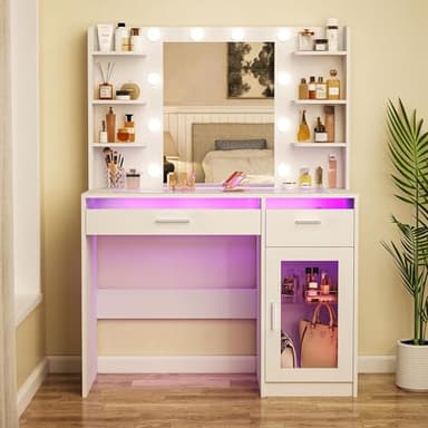 HUAHUU Vanity Desk with Mirror and Lights, Makeup Vanity Desk with Lights 3 Colors, Transparent Top Vanity with 2 RGB Drawers, 6 Shelves, Large Tempered Cabinet, Power Outlet, for Bedroom, White - Image 8