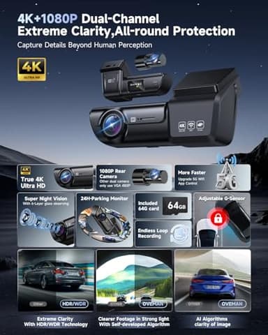 OVAMAN F8 Car Camera Dash Cam Front and Rear, 4K+1080P 170° Wide Angle Dual Dash Camera for Cars with 64GB Card,Wireless 5G WiFi&App Control,WDR/HDR Night Vision, 24H Parking Mode,Loop Recording - Image 2