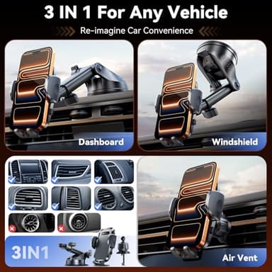 Rorhxia 3IN1 Car Phone Holder, Military-Grade 85lbs Strongest Suction Phone Holders for Your Car Dashboard/Windshield/Vent, Cellphone Holder Stand for iPhone 16 15 14 Pro Max Samsung and More - Image 4