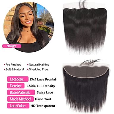 13x4 HD Lace Frontal Closure 12 Inch Straight Lace Frontal Human Hair 100% Unprocessed Brazilian Virgin Hair Ear to Ear Swiss HD Transparent Lace Closure Only Pre Plucked 1B Black - Image 4