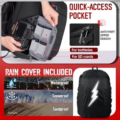 RAINSMORE Camera Backpack Camera Bag for DSLR/SLR Mirrorless 14 Inch Laptop Camera Backpack for Photographers Anti-theft Photography Bag with Rain Cover, Tripod Holder, Black - Image 3