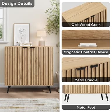 Smuxee Fluted Sideboard Cabinet, Freestanding Natural Buffet Cabinet with Adjustable Shelf, Wood Storage Cabinet for Living Room, Entryway, Hallway - Image 5