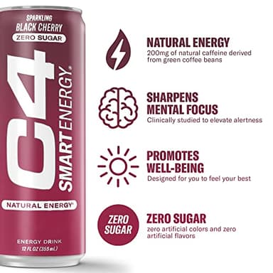 Cellucor C4 Smart Energy Drink - Sugar Free Performance Fuel & Nootropic Brain Booster, Coffee Substitute or Alternative | Black Cherry 12 Oz - 12 Pack - Image 2
